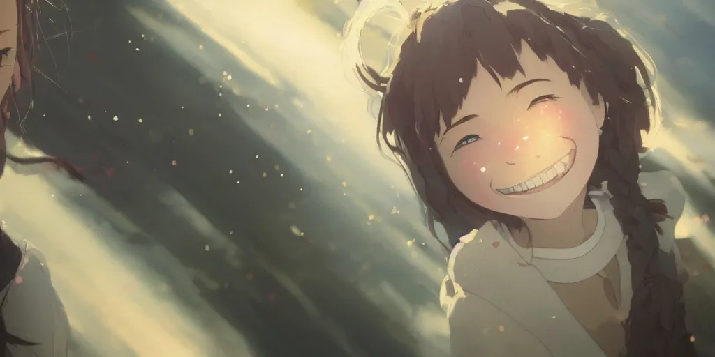 Image similar to a girl with a happy face wakes up in the morning, close up shot from the top, anime art, Greg Rutkowski, studio ghibli, dramatic lighting