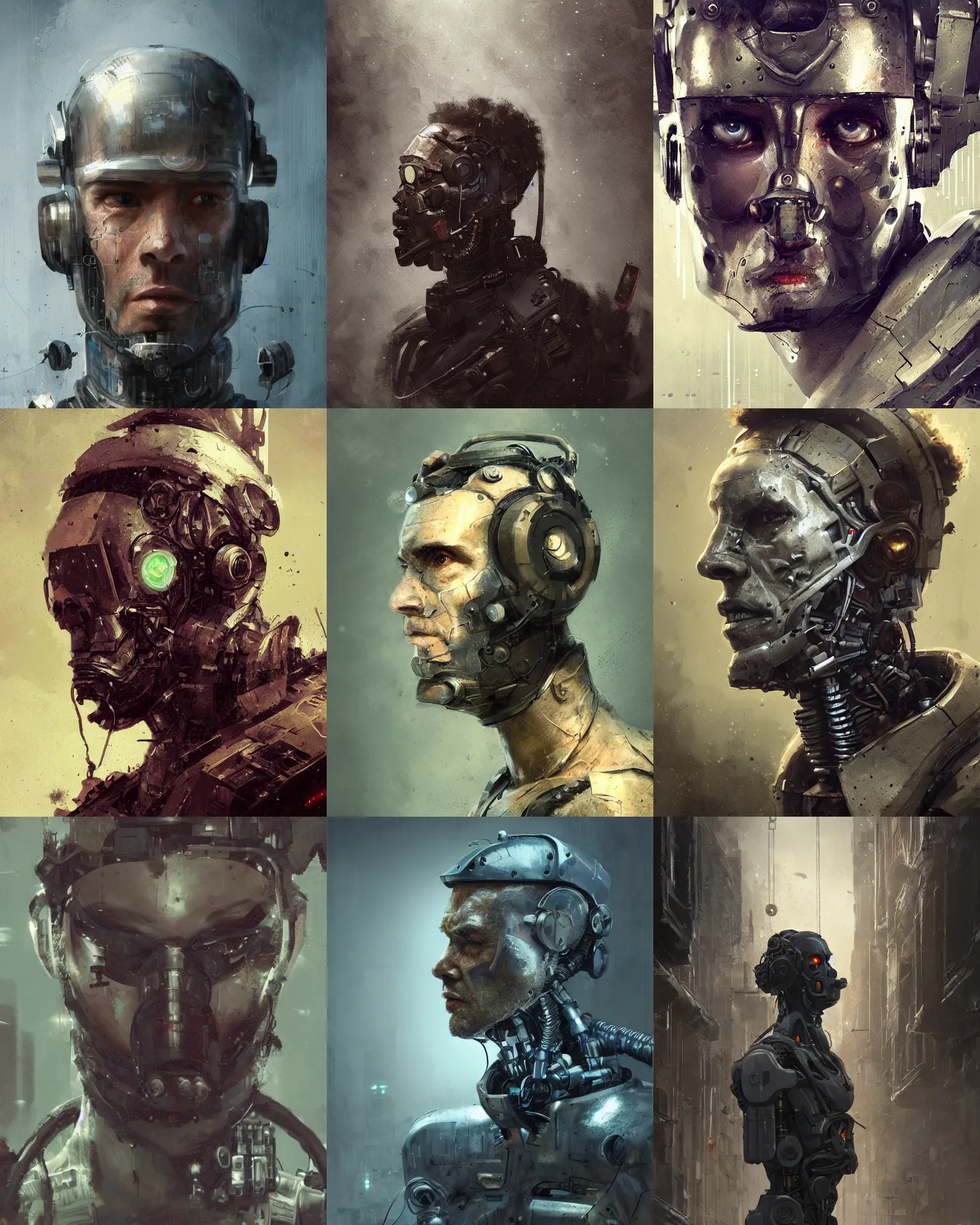 Prompt: a half masked rugged laboratory engineer man with cybernetic enhancements as seen from a distance, scifi character portrait by greg rutkowski, craig mullins, 1 / 4 headshot, cinematic lighting, dystopian scifi outfit, profile picture, mechanical, cyborg, half robot