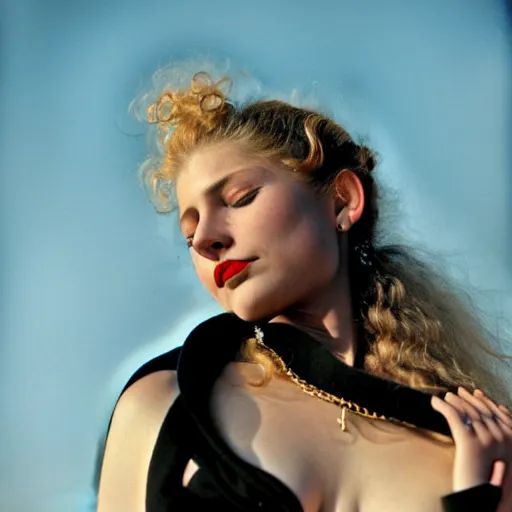 Image similar to a woman curled up in a ball on the deck of a ship, a beautiful english woman with a long face narrow nose pale skin blue eyes red lips and wild messy tangles of curly white blonde hair, high resolution film still wearing a black robe and skull necklace and holding a spear, sandy, a journey to the west