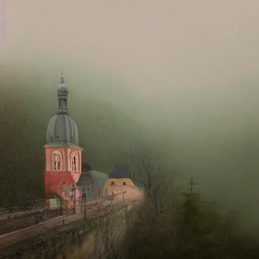 Prompt: old czech city Decin green and red tones, by Aron Wiesenfeld and beksincki, cinematic, detailed illustration, nature, fog, dark colors, suspense, intricate, 8k