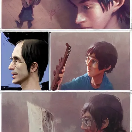 Prompt: a highly detailed epic cinematic concept art CG render digital painting artwork costume design: young Steve Jobs as a student in a 1970sdressed as a hippie playing guitar at a concert. By Greg Rutkowski, Ilya Kuvshinov, WLOP, Stanley Artgerm Lau, Ruan Jia and Fenghua Zhong, trending on ArtStation, made in Maya, Blender and Photoshop, octane render, excellent composition, cinematic atmosphere, dynamic dramatic cinematic lighting, aesthetic, very inspirational, arthouse