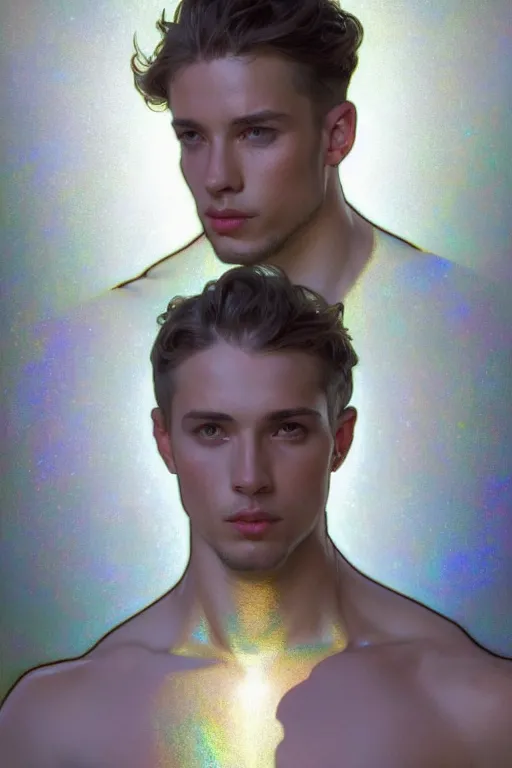 Prompt: portrait of a beautiful young fit man made of glass, shiny reflective surfaces, luminous scene, by greg rutkowski and alphonse mucha, d & d character, gradient white to silver, in front of an iridescent background, highly detailed portrait, digital painting, artstation, concept art, smooth, sharp focus ilustration, artstation hq