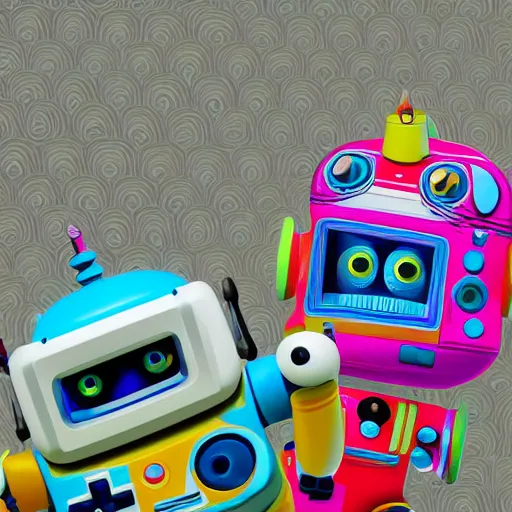 Prompt: two small chubby bots, hyperdetailed colourful graffiti on surface, smooth scratched panelling, intricate detail, holding a battery, single eye, cute, intricate arms, antenna, floating, white studio, cute mechanical toy, gameboy advanced, ambient light, in the style of pixar animation poster, pokedstudios, blender, octane render, 8 k,