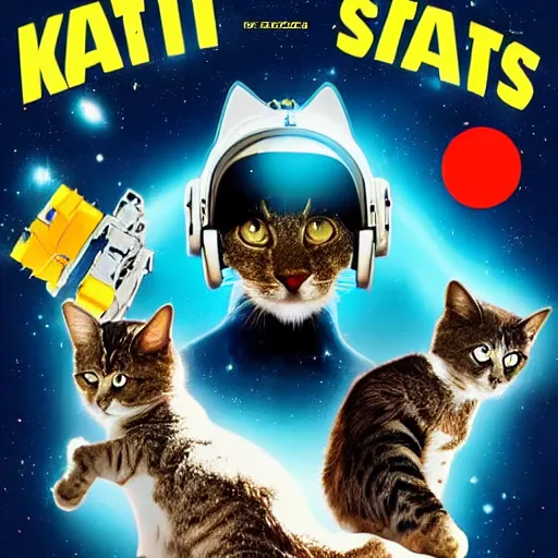 Prompt: a retro movie poster for a sci - fi film about cats in space designed by al kallis 8 k