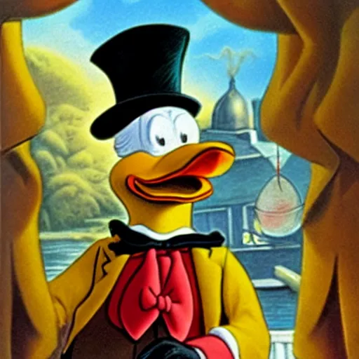 Prompt: Scrooge McDuck (1947) by Carl Banks the Scottish-American anthropomorphic Pekin duck, yellow-orange bill legs and feet wearing red frock coat, top-hat, pince-nez glasses and spats, holding large egg at creek vibrant hyper realistic cartoon