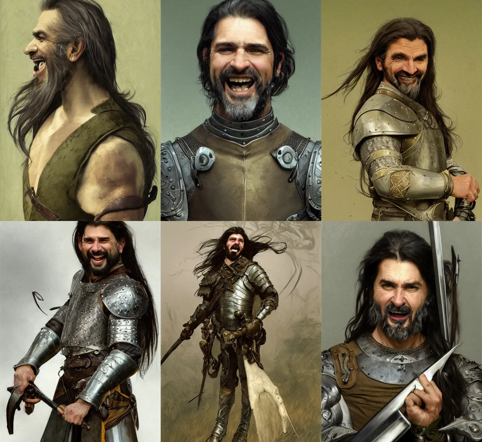 Prompt: medium-length portrait of a male hunter with long dark gray hair in a ponytail, a scraggly goatee, white skin, gray eyes, laughing expression, intricate gray-green leather armor, medieval setting, highly detailed, digital painting, artstation, concept art, sharp focus, illustration, art by greg rutkowski + alphonse mucha + greg hildebrandt