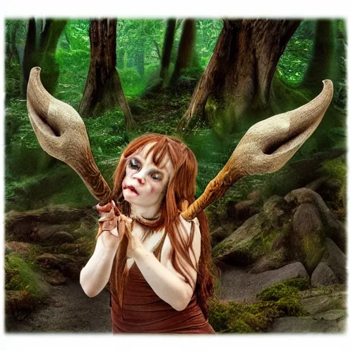 Image similar to faun animal with horns playing a flute in the forest, style of Guillermo Del Toro