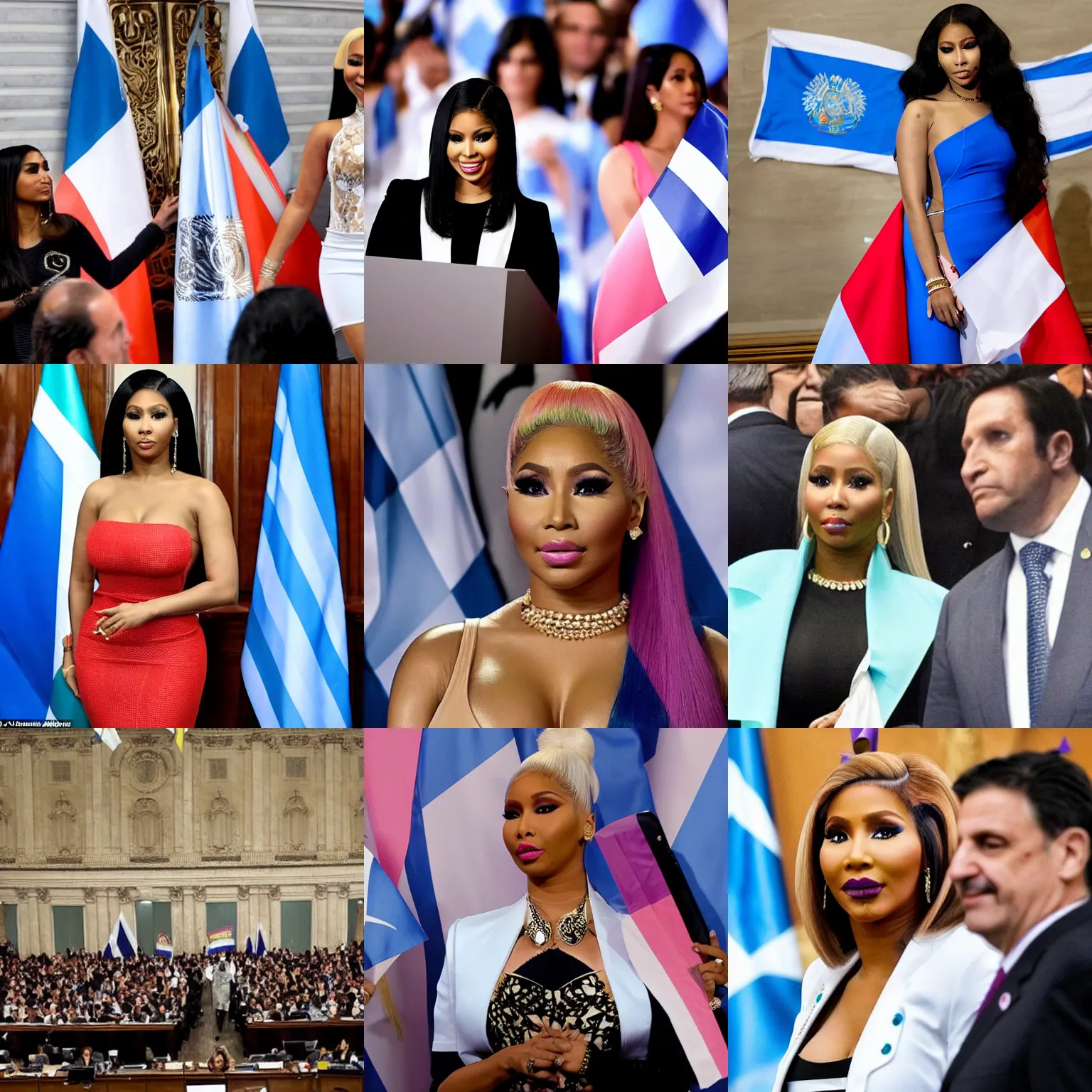 Image similar to Nicki Minaj president of Argentina, in the Argentine Congress, flags of Argentina behind