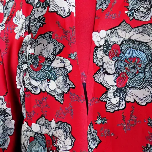 Image similar to floral crimson kimono, highly detailed, hyper intricate