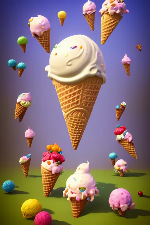Prompt: Ice Cream monster, isometric 3d, ultra hd, character design by Mark Ryden and Pixar and Hayao Miyazaki, unreal 5, DAZ, hyperrealistic, octane render, cosplay, RPG portrait, dynamic lighting, intricate detail, summer vibrancy, cinematic