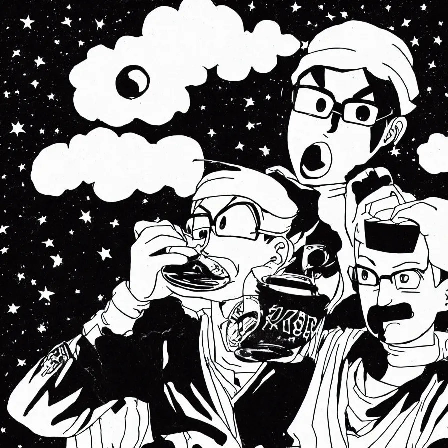 Prompt: manga portrait of a man drinking coffee akira toriyama, lineart, black and white, scifi, big clouds visible in the background, stars in the sky, high contrast, deep black tones