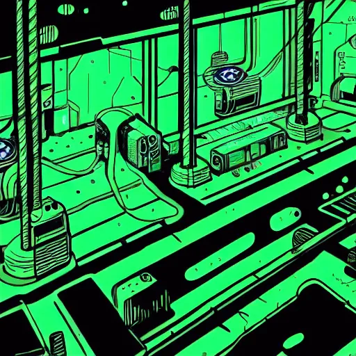 Image similar to a scifi illustration, factory interior dark with neon green vats of fluid. seen from above, parallax bloom effect, heavy linework line brush, graphic novel style