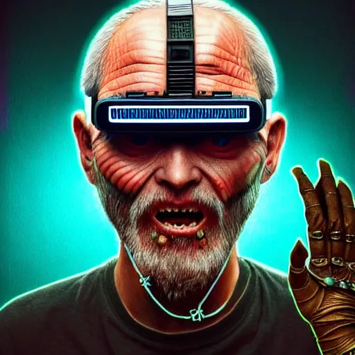 Image similar to Colour Photography of 1000 years old man with highly detailed 1000 years old face wearing higly detailed cyberpunk VR Headset designed by Josan Gonzalez Many details. Man raging screaming . In style of Josan Gonzalez and Mike Winkelmann andgreg rutkowski and alphonse muchaand Caspar David Friedrich and Stephen Hickman and James Gurney and Hiromasa Ogura. Rendered in Blender