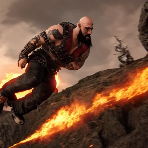 Prompt: kratos jumping a black harley - davidson motorcycle off a cliff, cinematic render, playstation studios official media, god of war 2 0 1 8, flames, centered profile