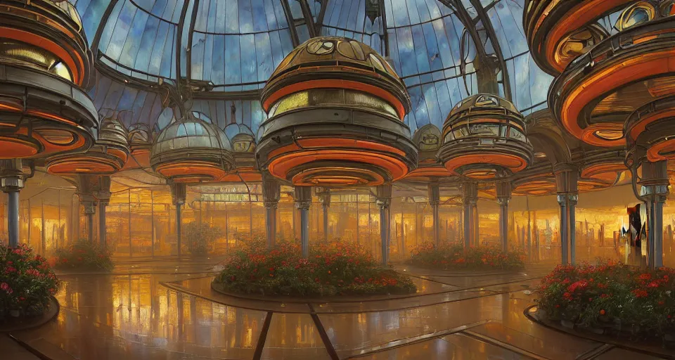 Prompt: a minimalist oil painting by donato giancola, warm coloured, cinematic scifi luxurious futuristic foggy steam filled victorian garden circular shopping mall interior with microscopy stained glass flowers growing out of pretty bulbous ceramic fountains, gigantic pillars and flowers, maschinen krieger, beeple, star trek, star wars, ilm, star citizen, mass effect, artstation, atmospheric perspective