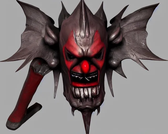 Image similar to 3d sculpt of an ironwork evil clown face with huge bat wings, skull, artstation, digital illustration, league of legends, dark souls