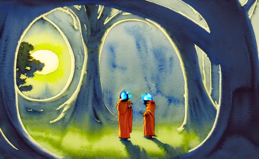 Image similar to a hyperrealist watercolor concept art of a bright blue sunny day. a dimensional portal in the shape of a tree arch is in the background and a medieval monk in grey robes is in the foreground. an orange sunset is seen through the portal. very muted colors, by rebecca guay, michael kaluta, charles vess. high detail, hq, wide shot, 4 k