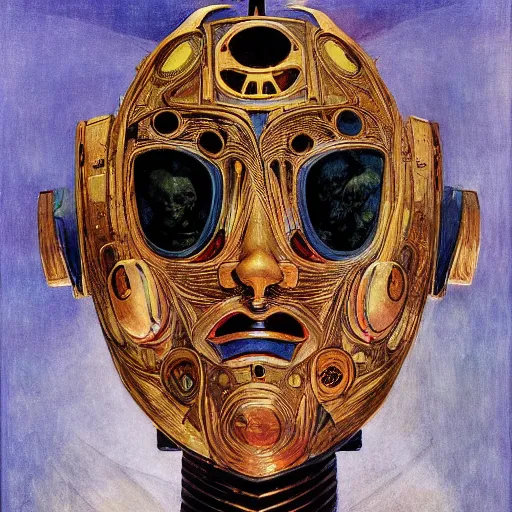 Image similar to the robot in her intricate mechanical mask, by annie swynnerton and diego rivera and kit williams and leo and diane dillon, symbolist, dramatic lighting, elaborate geometric ornament, art brut, god rays, soft cool colors, smooth, sharp focus, extremely detailed, adolf wolfli
