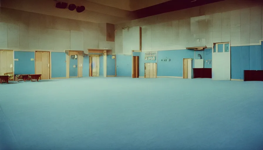 Image similar to 60s movie still of a sovietic stalinist style empty blue ballroom with one man standing, cinestill 800t 50mm eastmancolor, liminal Space style, heavy grain-s 150