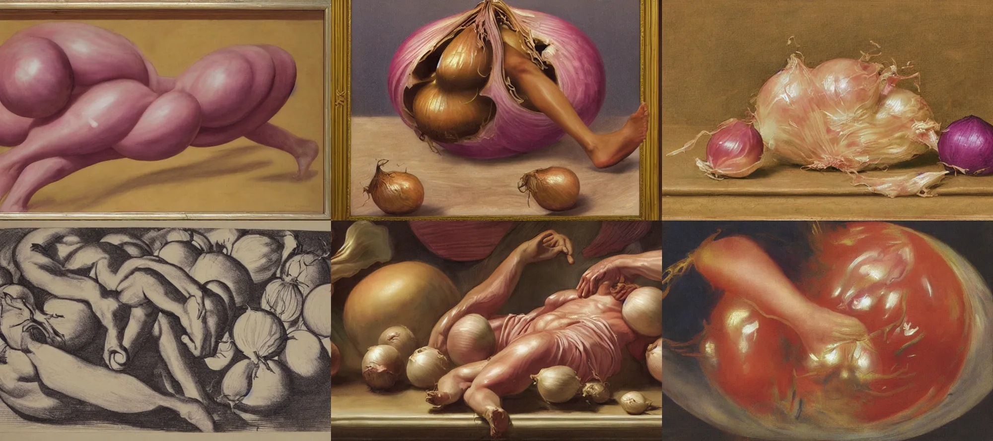 Prompt: kirby, baroque painting, pulsating fleshy mass of legs and onion, detailed