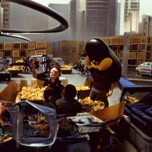 Prompt: refugees from a dystopian future escape over a never ending barricade of mac n' cheese. Drones shoot at them from the sky. Photograph from big budget science fiction 1980s movie.