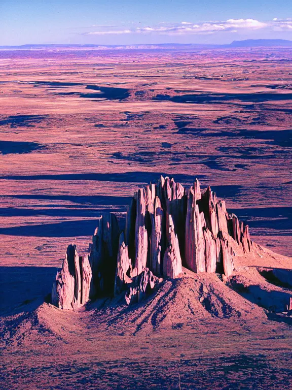 Image similar to photo of shiprock, hogback ridge, high aerial view, the foreground is brightly lit by sun, and the background clouds are dark and foreboding. kodak portra 4 0 0