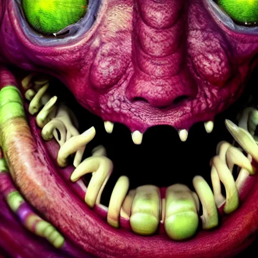 Image similar to worm - with - human - face - creature - directed - by - david - schmoeller, teeth, fleshscape, veins, faces, vivid colors, high - detail, photorealistic, 4 k, artstation, cinematic - lighting,