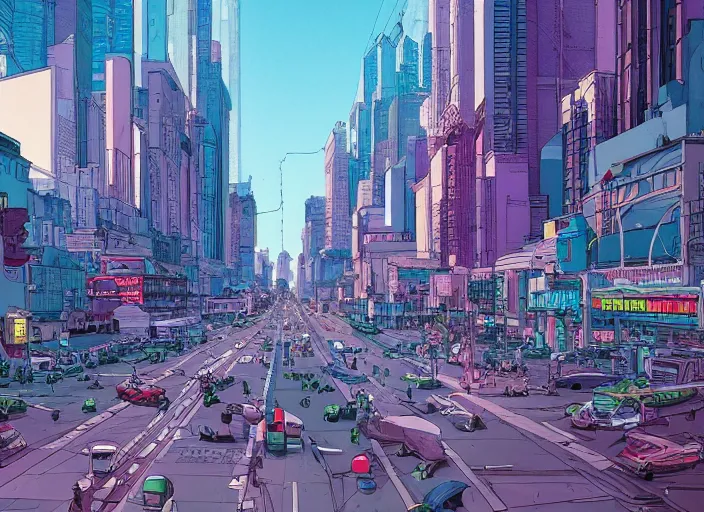 Prompt: wide view of a city, on the street, no cars. sharp focus, cinematic pose, cinematic lighting, unreal engine render. art by josan gonzales and moebius and deathburger.