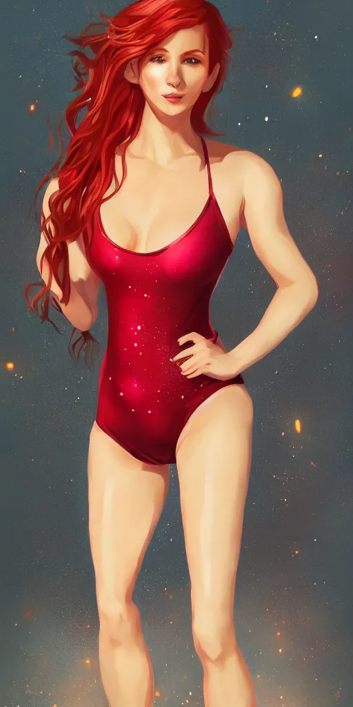 Image similar to beautiful full body portrait of a ginger woman wearing a sparkling cherry color one piece swimsuit wlop, artgerm, artstation