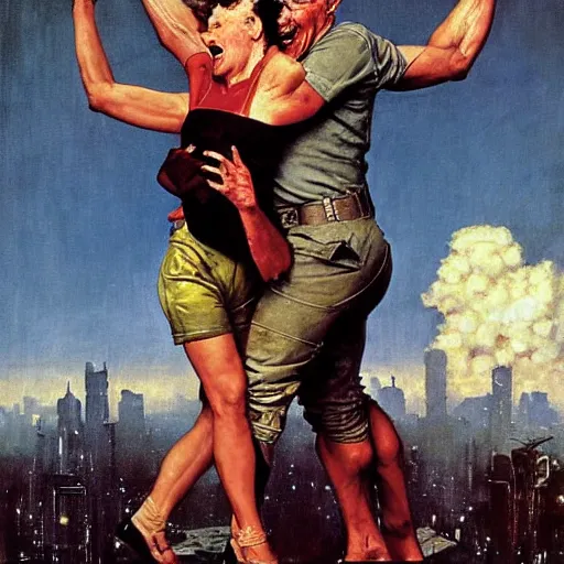 Image similar to the replicant sapper morton from blade runner lifts someonegrandmother above his head just to show how strong he is, painted by norman rockwell and tom lovell and frank schoonover