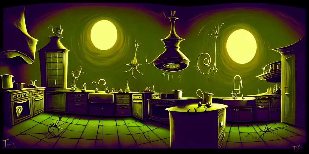 Prompt: curved perspective digital art of a very dark kitchen from Tim Burtons Nightmare Before Christmas by Petros Afshar
