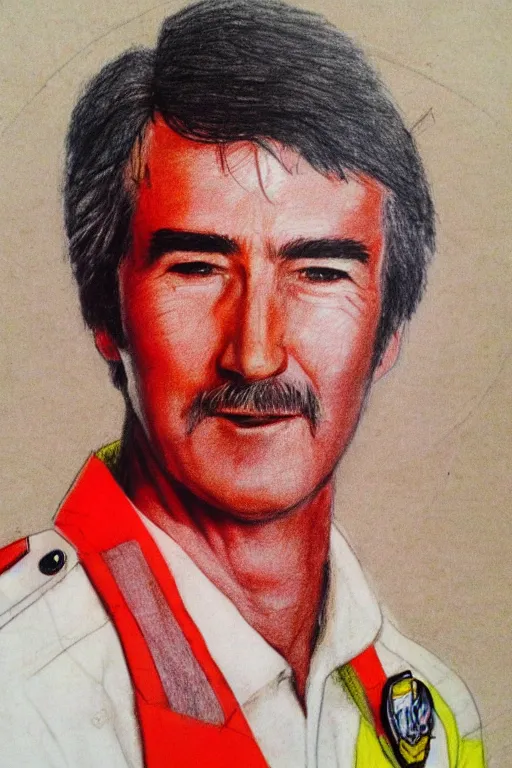 Prompt: a felt tip drawing of randy mantooth as a fire fighter by a child, bright colours, detailed