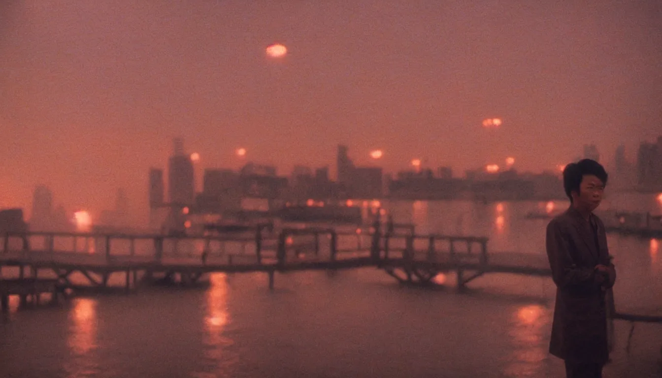 Image similar to 80s asian neon movie still with a portrait of a ghost standing on a pier by the river on early morning with bright city lights behind his back, many birds in the sky, medium format color photography, movie directed by Kar-Wai Wong, hyperrealistic, photorealistic, high definition, highly detailed, tehnicolor, anamorphic 50mm lens