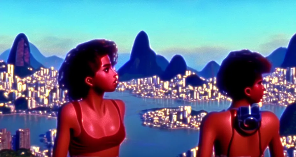 Prompt: 1 9 8 6 movie screencap of a girl with a gun on a rio de janeiro, gucci clothes, sparkles sky, beautiful favela background extremely utra high quality photo 8 k