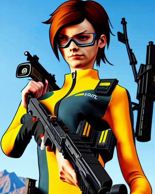 Image similar to gta 5, grand theft auto 5 cover art of tracer from overwatch