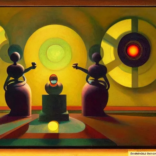 Prompt: three biomorphic robotic seers watchers oracles soothsayers with glowing eyes, inside a dome, pj crook, grant wood, edward hopper, syd mead, chiaroscuro, oil on canvas