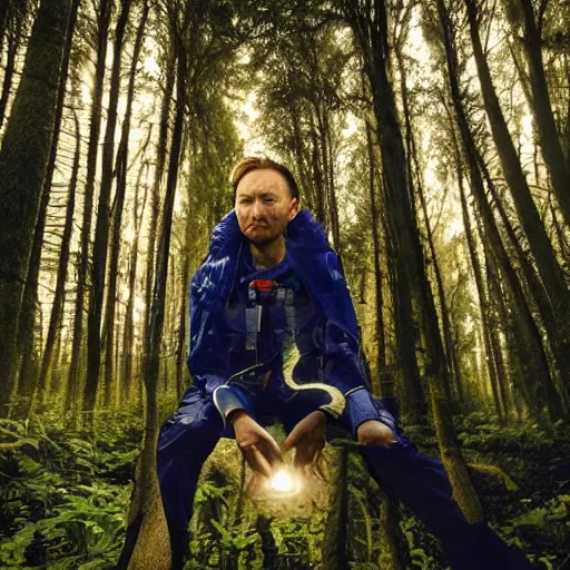 Prompt: thom yorke singer songwriter in a forest in a spacesuit filling up with water, waterline refractions, anamorphic lens flare, beautiful blueish eyes, eyes reflecting into eyes reflecting into infinity, spherical tiny round eye pupils, eyes reflecting into eyes reflecting into infinity, dramatic lighting