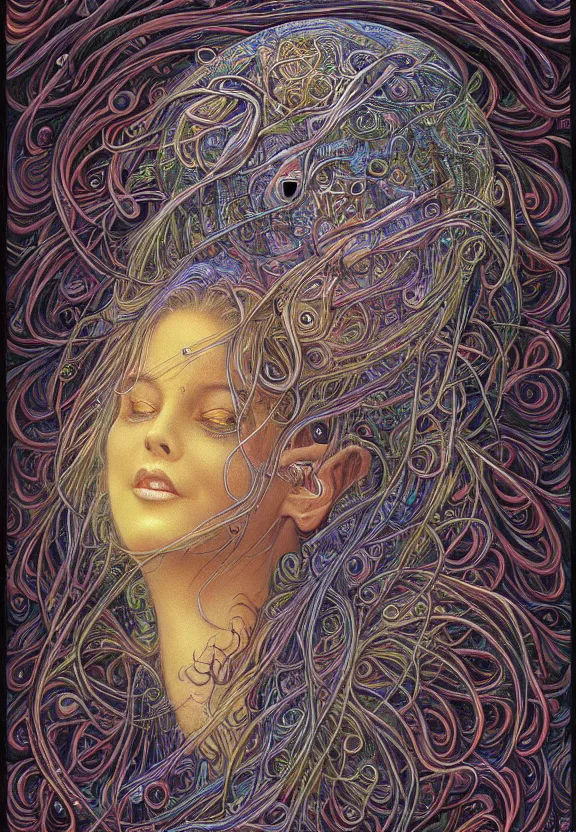 Prompt: perfectly centered full body front view of a beautiful biomechanical moon goddess, flowing hair, intense stare, sweet smile, symmetrical, concept art, intricate detail, volumetric shadows and lighting, psychedelic colors, realistic oil painting, alex grey, gustave dore,