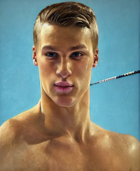 Image similar to portrait of a handsome young swedish swimmer, art by denys tsiperko and bogdan rezunenko, hyperrealism