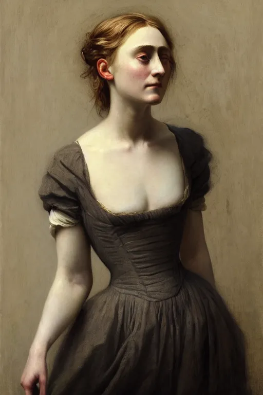 Prompt: portrait en buste Saoirse Ronan 1800s dress by Roberto Ferri, by Jeremy Lipking, Realism, abundant detail, muted tones