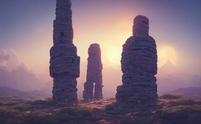 Image similar to A landscape with a giant stone tower with pillars on top at sunset, Low level, rendered by Beeple, Makoto Shinkai, syd meade, simon stålenhag, environment concept, synthwave style, digital art, unreal engine, WLOP, trending on artstation, 4K UHD image, octane render,