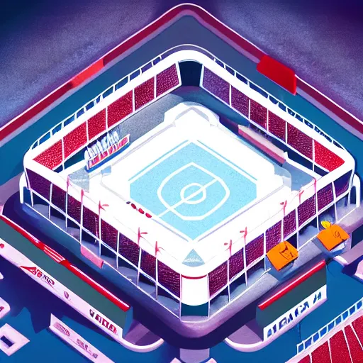 Prompt: Hockey arena game illustration, aerial view, isometric, Blizzard, EASports, intricate, elegant, highly detailed, digital painting, artstation, concept art, smooth, sharp focus, brightly lit cinematic soft lighting, photorealistic