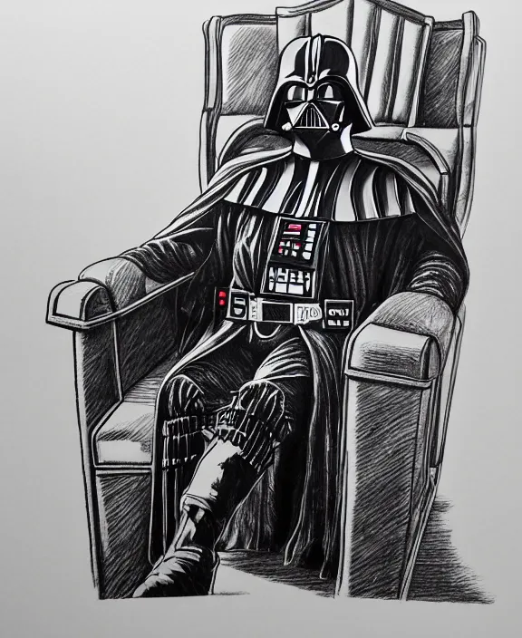 Prompt: a detailed fineliner drawing of darth vader relaxing in an armchair