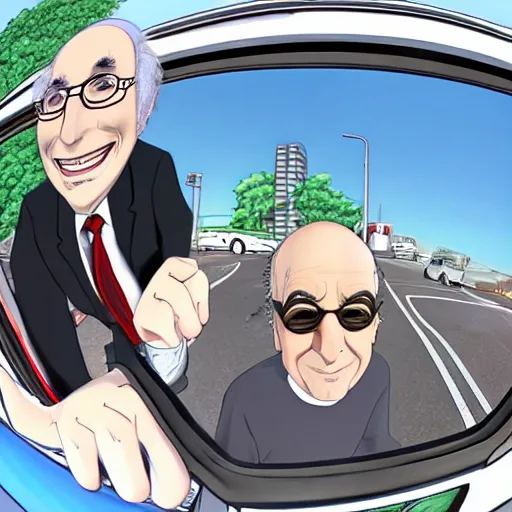 Image similar to larry david in his 2 0 0 9 prius, fisheye lens, anime style, anime