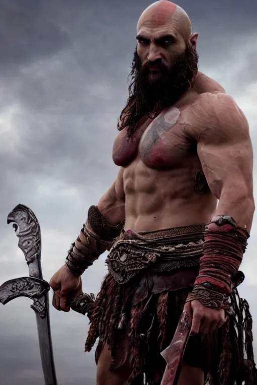 Image similar to film still from god of war, a highly detailed beautiful closeup photo of jason momoa kratos with long windblown wet hair holding a sword and fighting zombies on a pile of human skulls, spartan warrior, olympian god, muscular!,, action pose, ambient lighting, volumetric lighting, octane, fantasy