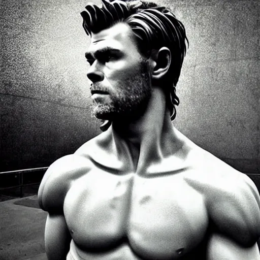 Image similar to “a realistic detailed photo of a guy who is an attractive humanoid who is half robot and half humanoid, who is a male android, Chris Hemsworth, shiny skin, posing like a statue, blank stare”