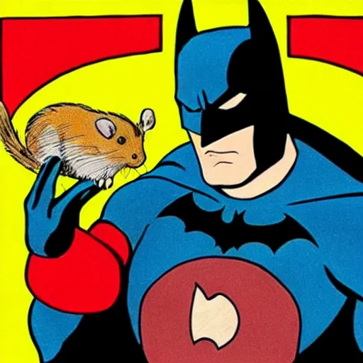 Image similar to Batman holding a hamster in his hand, looking at it curiously. In the style of 80s comic book. Red background