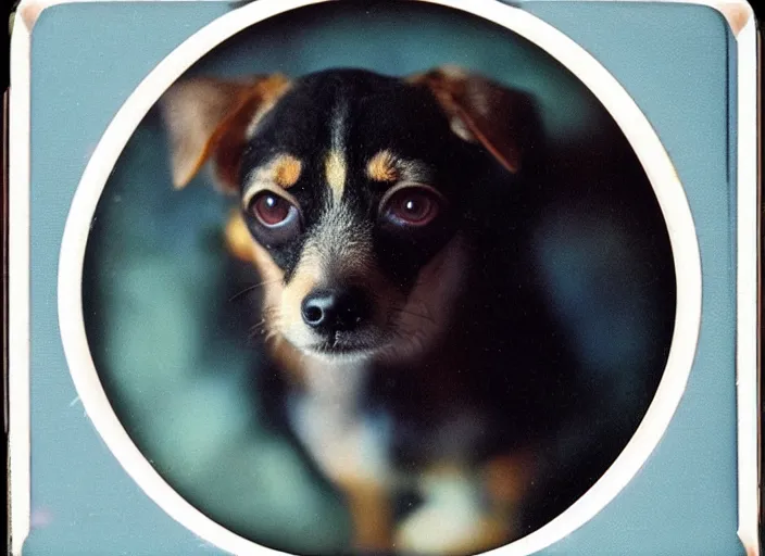 Image similar to a extreme close - up photo, color studio photographic portrait of a little dog bird hybrid, dramatic backlighting, 1 9 7 3 polaroid photo from life magazine,