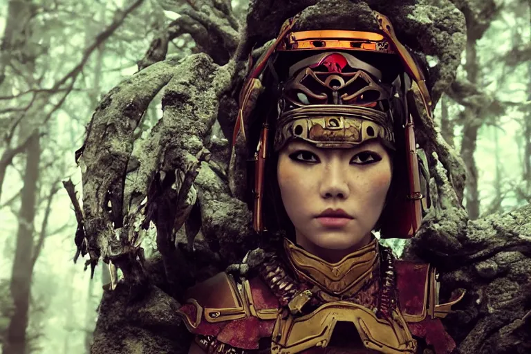 Image similar to vfx movie scene closeup nomad cyborg warrior viking geisha in a smoldering forest. by emmanuel lubezki