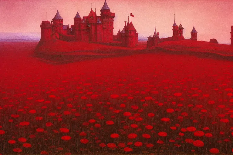 Image similar to only with red, red flowers of different types, red castle in background, red medieval goblins, in the style of beksinski, parts by edward hopper, parts by rodcenko, parts by yue minjun, intricate and epic composition, red by caravaggio, insanely quality, highly detailed, masterpiece, red light, artstation, 4 k